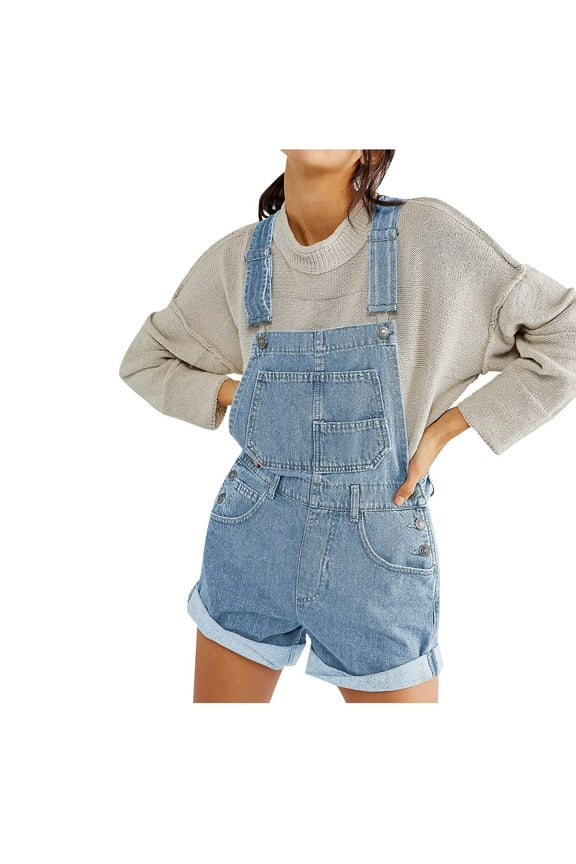 Jean Short Overalls for Women Adjustable Straps Loose Fit Shortalls Cuffed Hem Denim Bib Jumpsuit Rompers