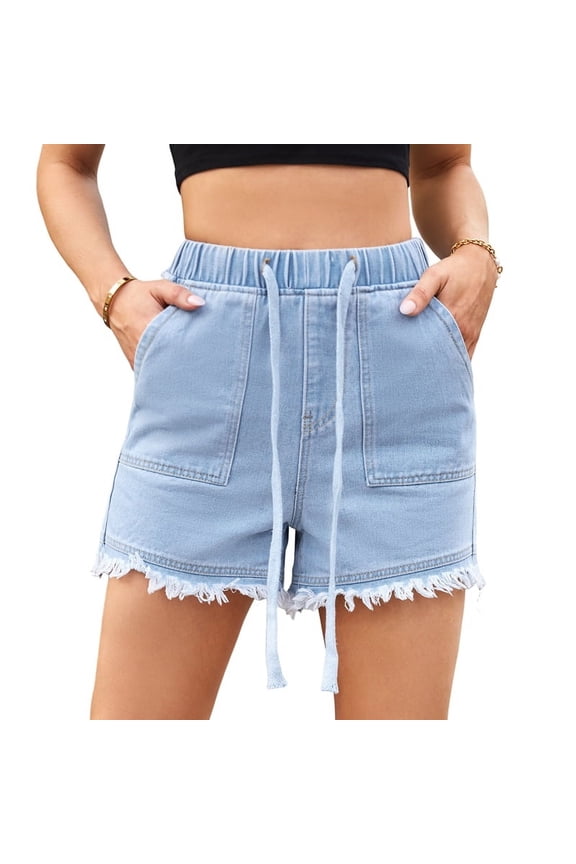 Jean Shorts Denim Elastic Waist Drawstring Shorty Shorts for Women Light Blue XL