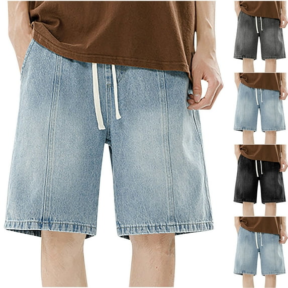 Jean Shorts For Men Fashionable Casual Solid Color Elastic Waistband Drawstring Denim Shorts Cargo Pocket Pants for Men Yellow