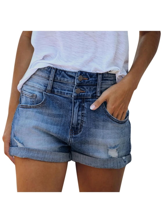 Jean Shorts For Women Trendy Casual Summer Stretchy Denim Shorts Junior Bermuda Casual Mid Rise Denim Shorts Stretch Ripped Raw Hem Jean Shorts