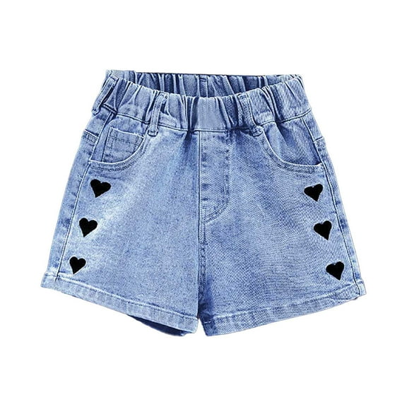 Jean Shorts Girls Kids Spring Summer Heart Print Denim Shorts Casual Stretch Thin Washed Girls Shorts Sky Blue 6 Years-7 Years