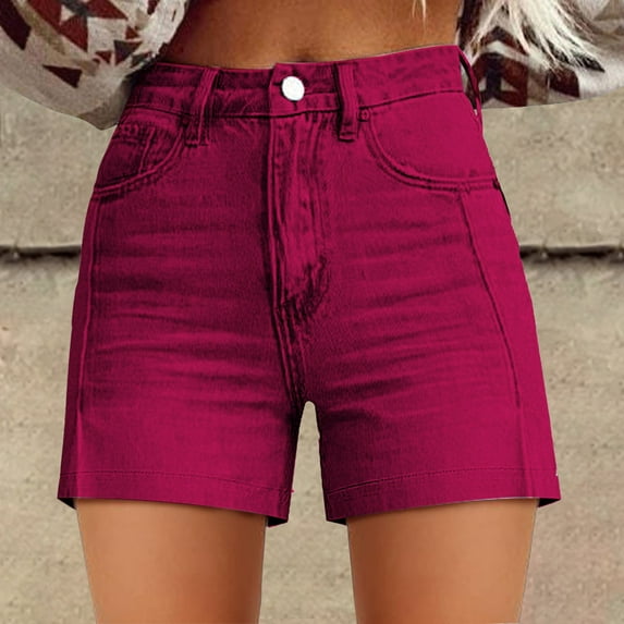 Jean Shorts Jorts Womens, High Waist Denim Relaxed Fit Retro Printed Floral with Pockets, Hot Pink S-XXL