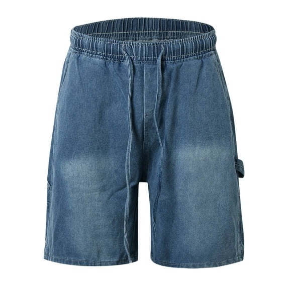 Jean Shorts Men Baggy Drawstring Elastic Waist Denim Bermuda Shorts with Pockets Summer Casual Hip Hop Knee Length Men Denim Shorts