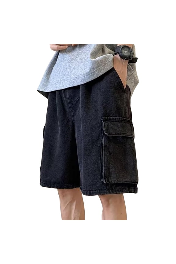 Jean Shorts Men Baggy Drawstring Knee Length Wide Leg Cargo Jeans Shorts Casual Summer Loose Fit Street Denim Shorts Men
