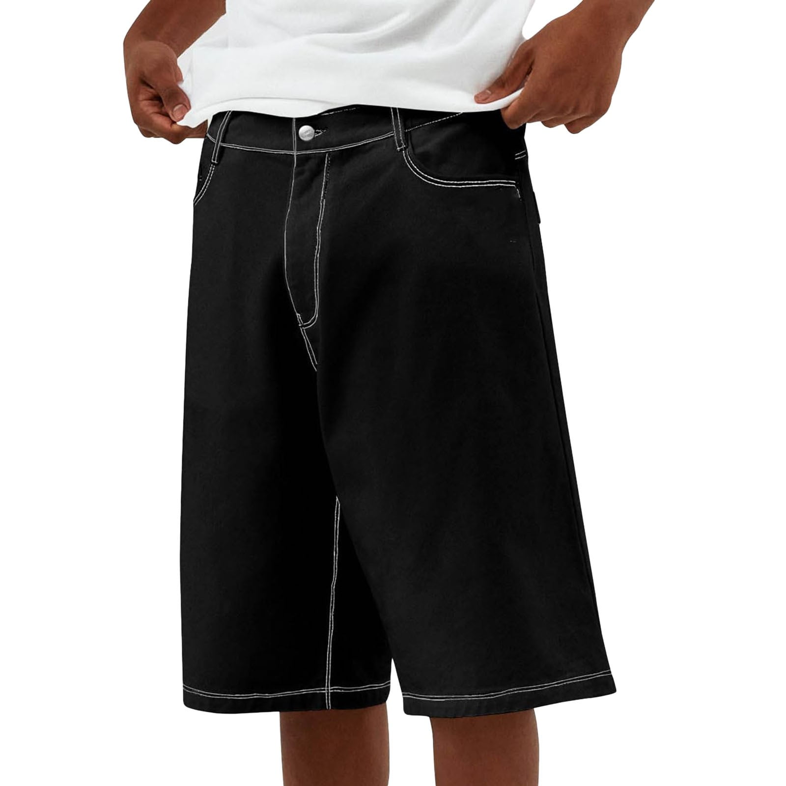 Jean Shorts Men Baggy Elastic Waist Drawstring Straight Leg Knee