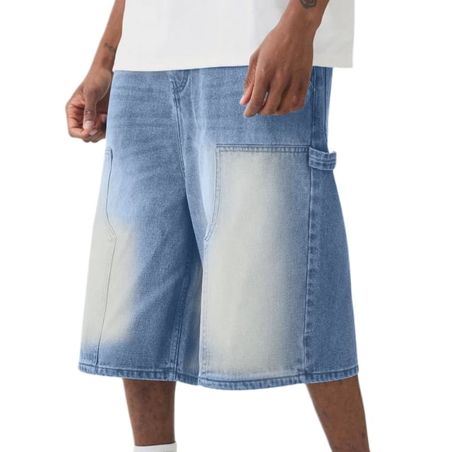 Jean Leg Sticker Jean Shorts Men Baggy Hip Hop Elastic Waist Drawstring Wide Leg Knee ...