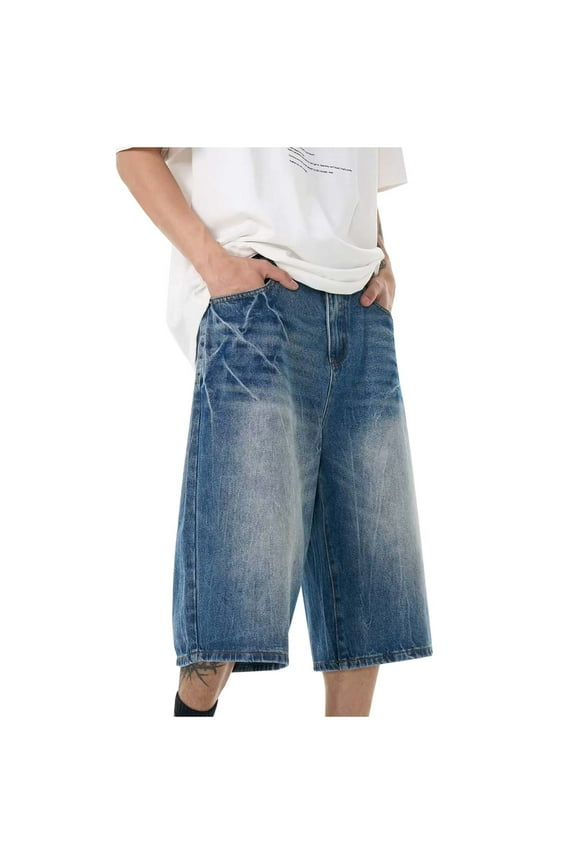 Jean Shorts Men Baggy Hip Hop Sports Casual Capri Jeans with Pocket Summer Casual Oversized Loose Fit Vintage Street Mens Denim Shorts