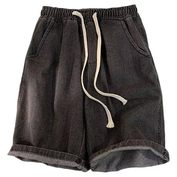 Jean Shorts Men Baggy Solid Color Elastic Waist Drawstring Casual Denim Bermuda Shorts with Pockets Loose Summer Wide Leg Knee Length Mens Denim Shorts Grey L