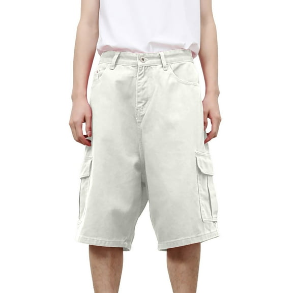 Jean Shorts Men Baggy Solid Color Performance Work Cargo Shorts with Pockets Knee Length Wide Leg Summer Casual Denim Shorts Men