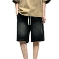 thumbnail image 1 of Jean Shorts Men Casual Drawstring Elastic Waist Summer Streetwear with Pockets Stretch Lightweight Loose Fit Trendy Men Denim Shorts, 1 of 9