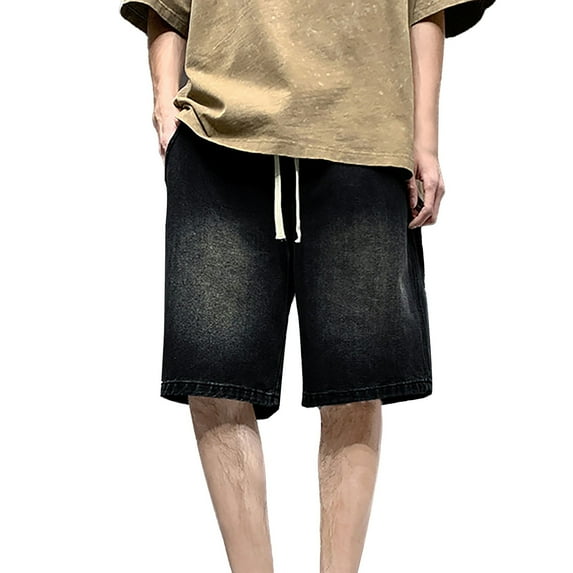 Jean Shorts Men Casual Drawstring Elastic Waist Summer Streetwear with Pockets Stretch Lightweight Loose Fit Trendy Men Denim Shorts