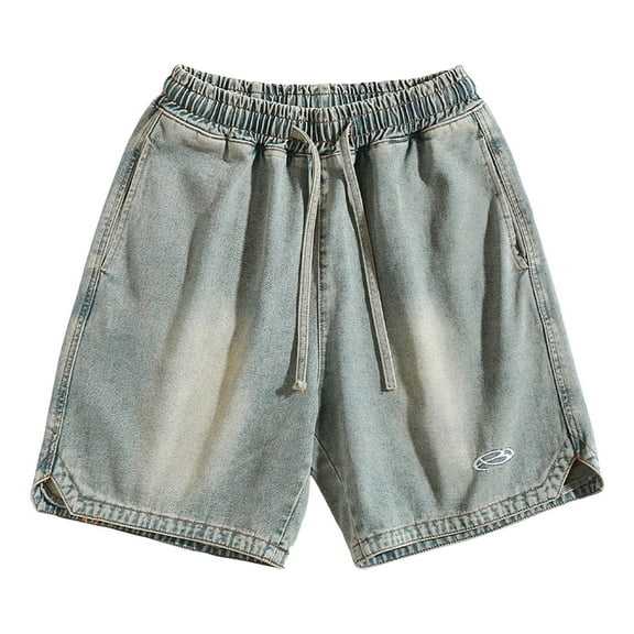 Jean Shorts Men Distressed Drawstring Elastic Waist Denim Bermuda Shorts with Pockets Casual Vintage Summer Mens Denim Shorts
