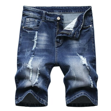 Jean Shorts for Men, Mens Plus Size Ripped Jeans Denim Shorts Elastic High Waisted Frayed Raw Hem Bule Solid Jeans with Pockets Summer Saving Clearance