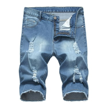 Jean Shorts for Men, Mens Plus Size Ripped Jeans Denim Shorts Elastic High Waisted Frayed Raw Hem Bule Solid Jeans with Pockets Summer Saving Clearance