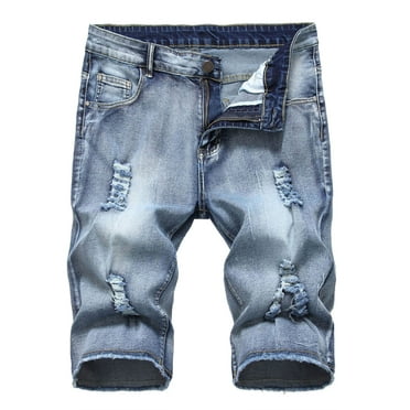 Jean Shorts for Men, Mens Plus Size Ripped Jeans Denim Shorts Elastic High Waisted Frayed Raw Hem Bule Solid Jeans with Pockets Summer Saving Clearance