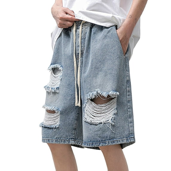 Jean Shorts Men Ripped Drawstring Stretch Elastic Waist Knee Length Denim Bermuda Shorts with Pockets Baggy Distressed Men's Denim Shorts