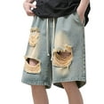 thumbnail image 1 of Jean Shorts Men Ripped Drawstring Stretch Elastic Waist Knee Length Denim Bermuda Shorts with Pockets Baggy Distressed Mens Denim Shorts, 1 of 5