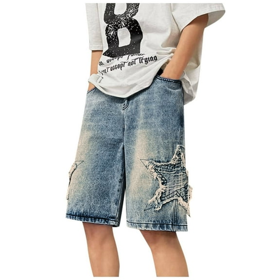 Jean Shorts Men Star Embroider Baggy Drawstring Denim Bermuda Shorts with Pockets Elastic Waist Relaxed Loose Fit Street Men Denim Shorts