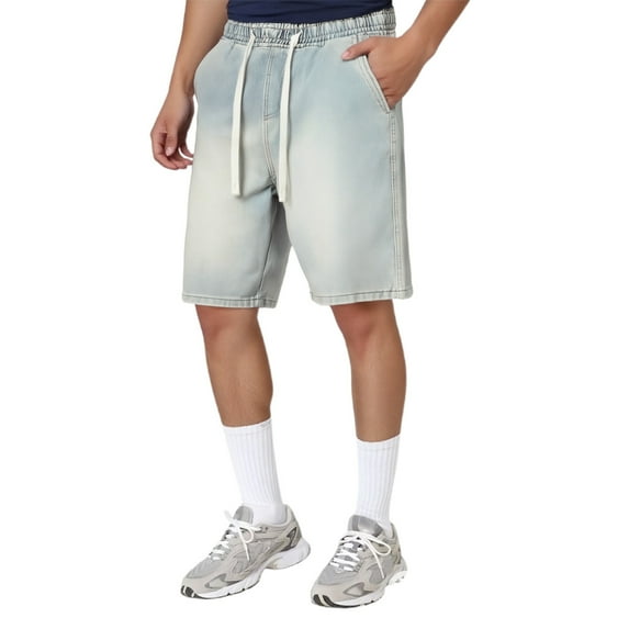 Jean Shorts Men Street Style Vintage Summer Casual Denim Bermuda Shorts with Pockets Loose Elastic Waist Drawstring Knee Length Mens Denim Shorts