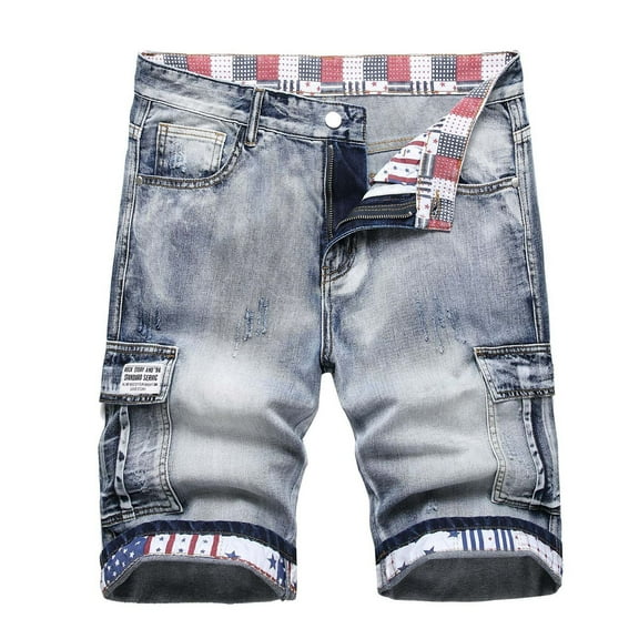 Jean Shorts Mens Zipper Elastic Slim Casual Denim Shorts Play Wrap Ripped Mid-length Pants Light Blue1 Summer Denim Cargo Shorts