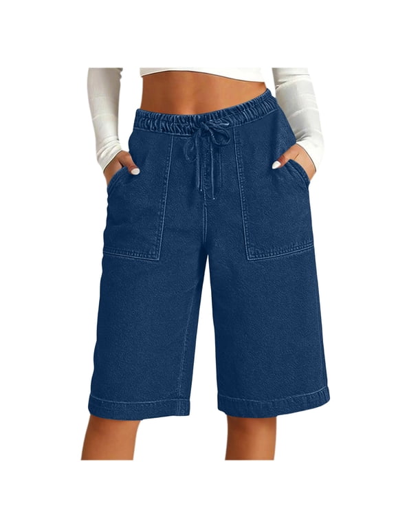 Jean Shorts Women's Plus Size, Knee Length Long Stretchy Denim Jorts with Pockets, Trendy Short Jeans