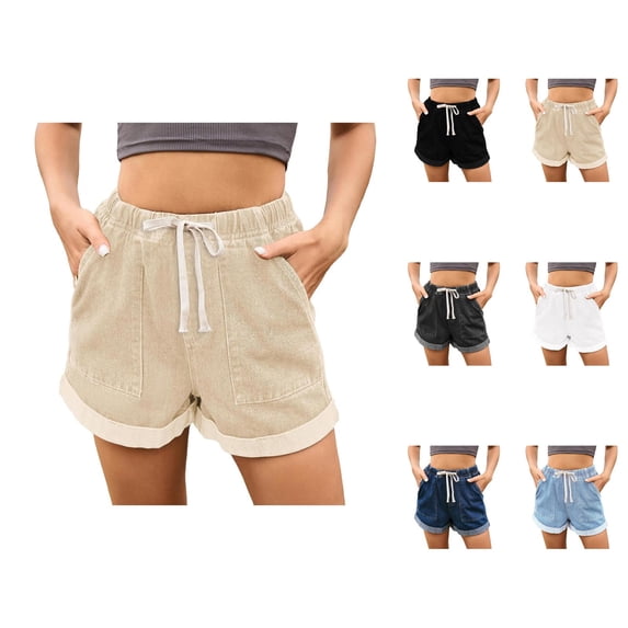 Jean Shorts Womens 2026 Summer Elastic High Waist Drawstring Cute Denim Shorts with Pockets