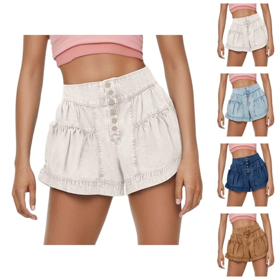 Jean Shorts Womens 2026 Summer High Waist Cute Ruffle Hem Wide Leg Flared Denim Shorts with Pockets