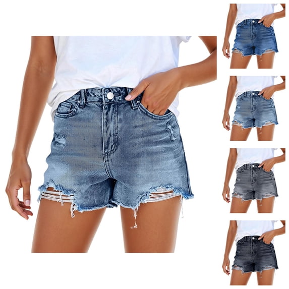 Jean Shorts Womens 2026 Summer High Waist Washed Blue Ripped Distressed Frayed Hem Denim Shorts