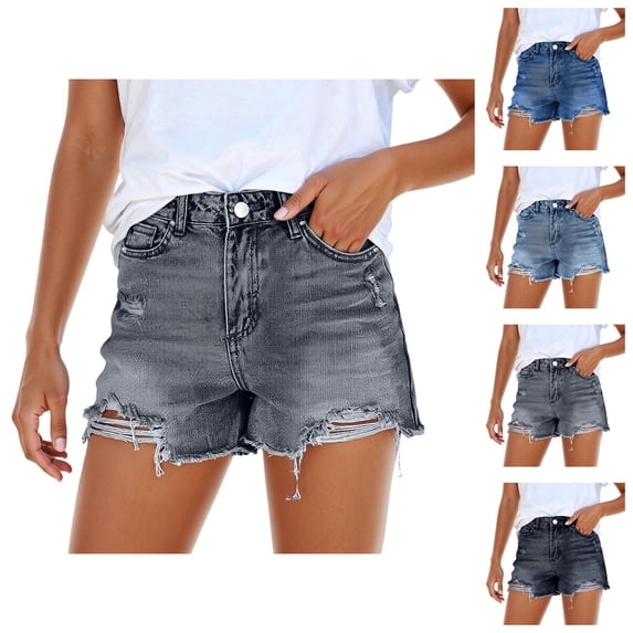 Jean Shorts Womens 2026 Summer High Waist Washed Blue Ripped Distressed Frayed Hem Denim Shorts