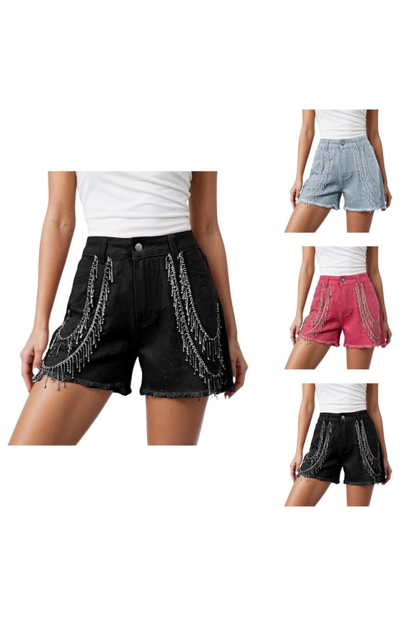 Jean Shorts Womens with Rhinestone Tassel Summer Western Cowgirl Wide Leg Raw Hem Denim Shorts Country Concert Outfit