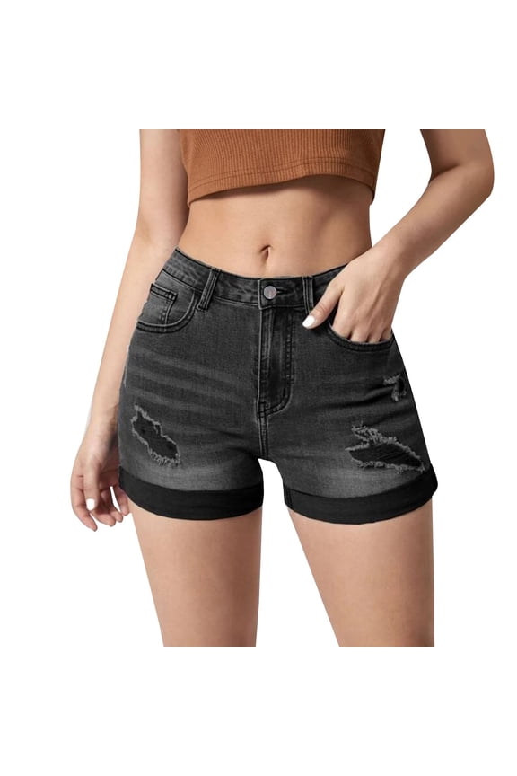 Jean Shorts Womens, Audhol Women's Ripped Pocket Jeans with Rolled Edge Casual Shorts Shorts for Women Trendy Black S