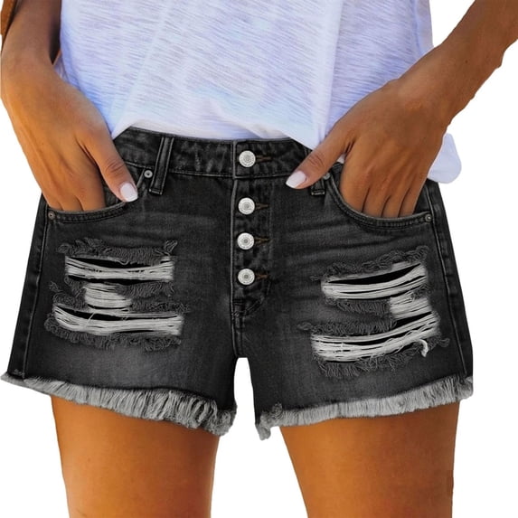 Jean Shorts Womens BWASD Casual High Waisted Stretchy Ripped Denim Shorts Button Down with Pockets Athletic Lounge Loose Black S-XXL Beach Vacation Summer Trendy