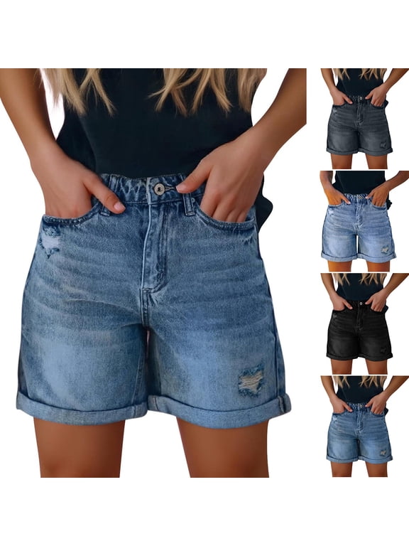 Jean Shorts Womens Casual Stretch Denim Jorts with Button Pockets for Summer Black S