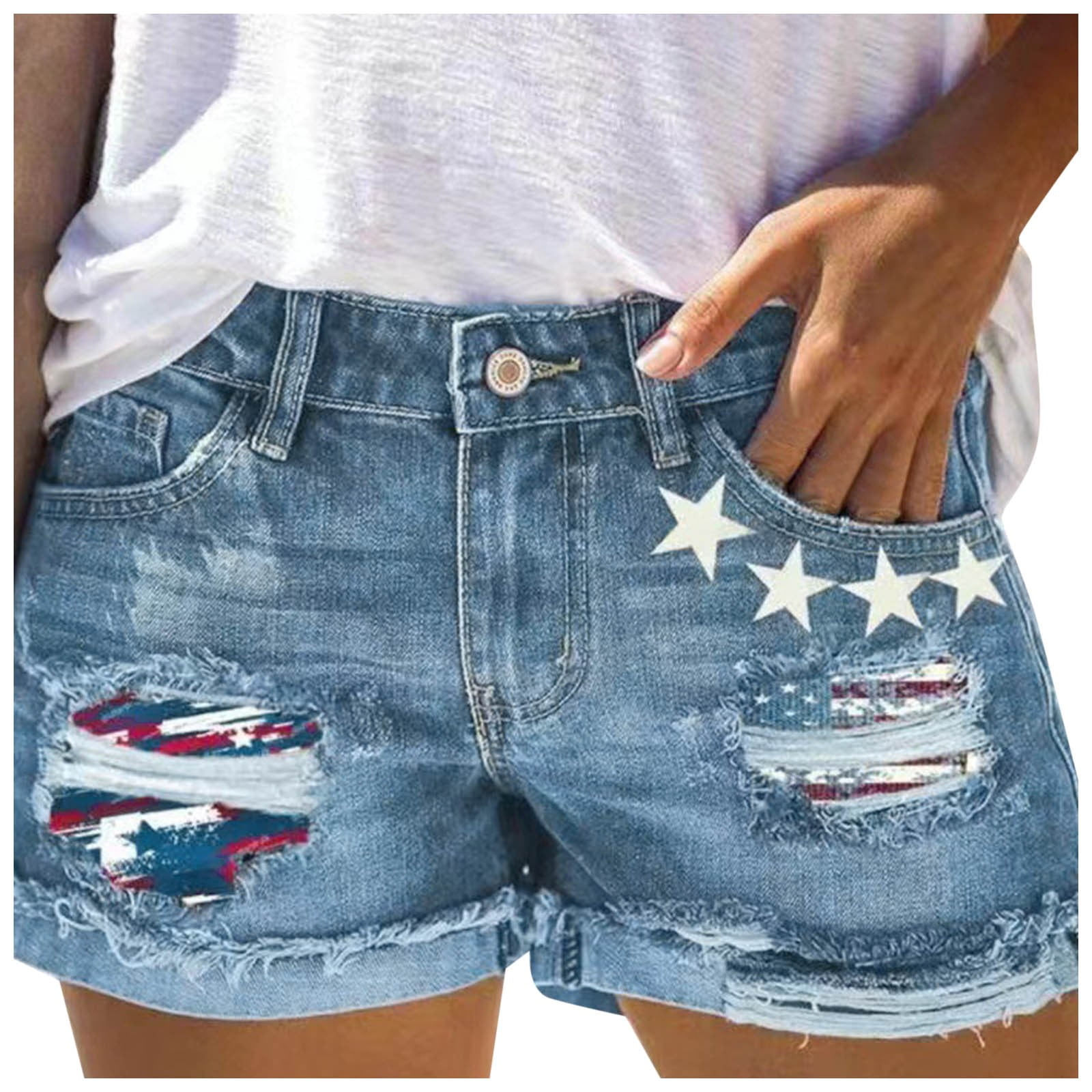 Independence Day Knee-Length Denim Shorts Flag Frayed Ripped Distressed Stretch Jeans