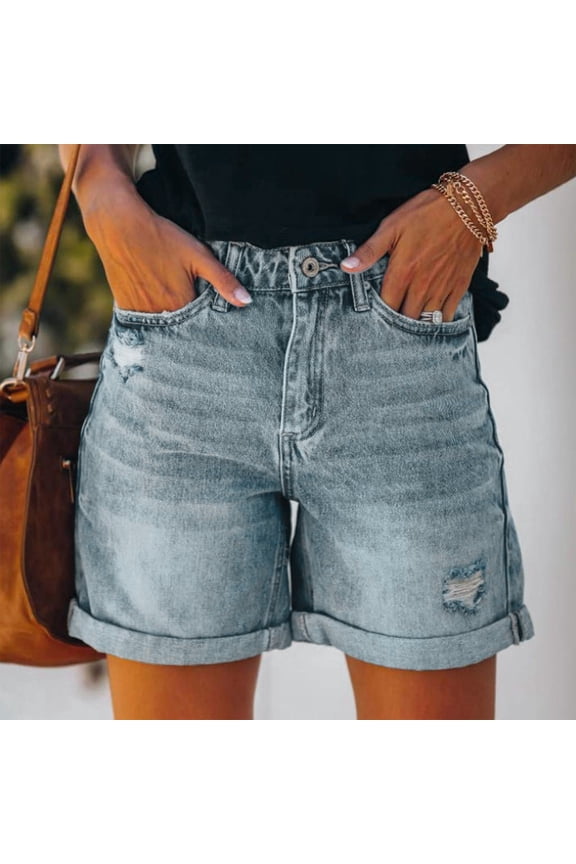 Jean Shorts Womens High Waisted Ripped Distressed Stretchy Denim Shorts Trendy Lightweight Summer Rolled Hem Shorts Light Blue L