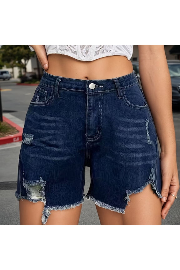 Jean Shorts Womens High Waisted Stretchy Mom Two Buttons Frayed Raw Hem Ripped Denim Shorts Distressed Dark Blue S