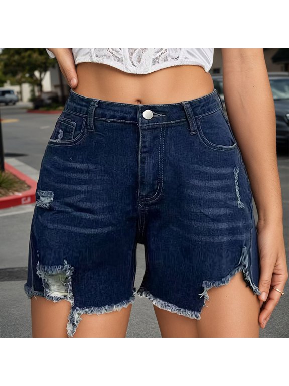 Jean Shorts Womens High Waisted Stretchy Mom Two Buttons Frayed Raw Hem Ripped Denim Shorts Distressed Dark Blue S