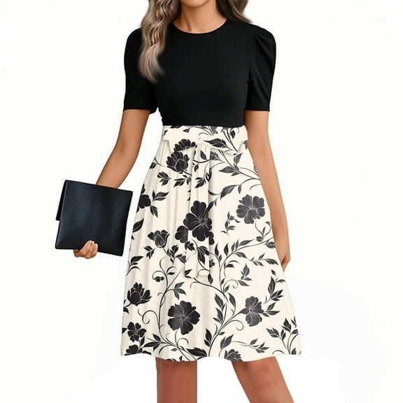 Mlqidk Work Dresses for Women 2025 Puff Sleeve Office Midi Dresses Floral Print Flowy Tie Waist Long Shirt Dresses Fashion Teacher Clothes Khaki S