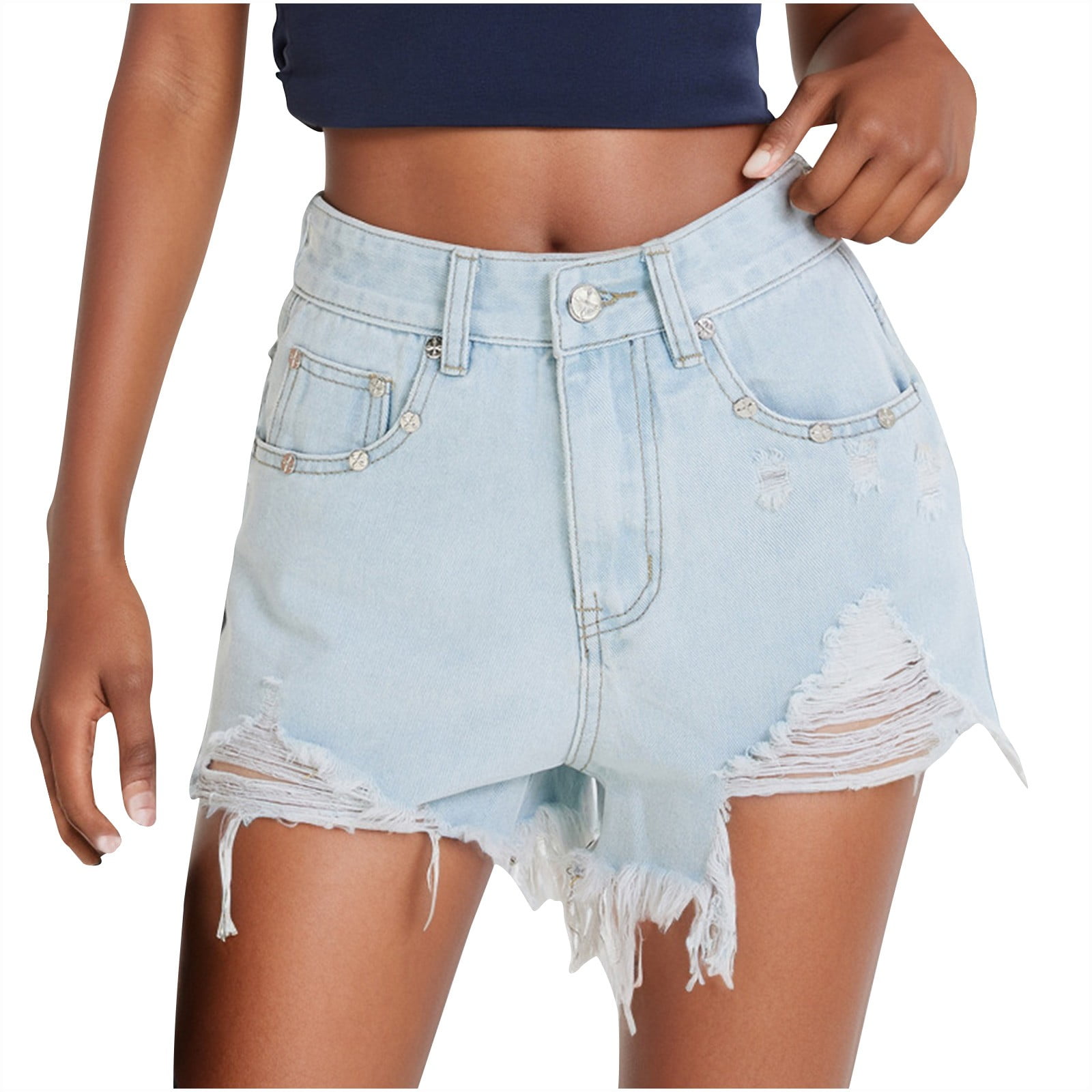 Jean Shorts Womens Stretchy High Waisted Ripped Denim Shorts with Pockets Trendy Distressed Cut Off Shorts Women s Denim Shorts Solid Color Comfortable Walmart