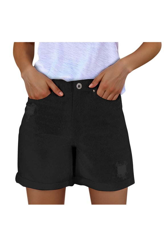 Jean Shorts Womens Stretchy High Waisted Ripped Denim Shorts with Pockets Trendy Distressed Cut Off Jorts Summer Casual