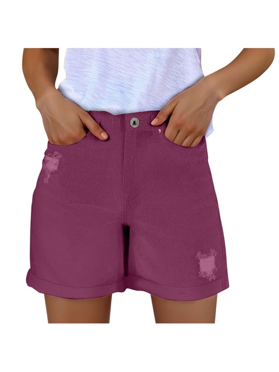 Jean Shorts Womens Stretchy High Waisted Ripped Denim Shorts with Pockets Trendy Distressed Cut Off Jorts Summer Casual