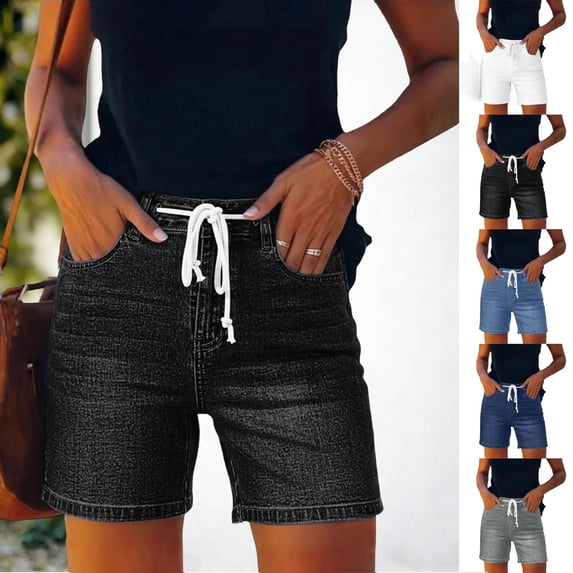 Jean Shorts Womens Stretchy High Waisted Ripped Denim Shorts with Pockets Trendy Distressed Cut Off Shorts,Black L