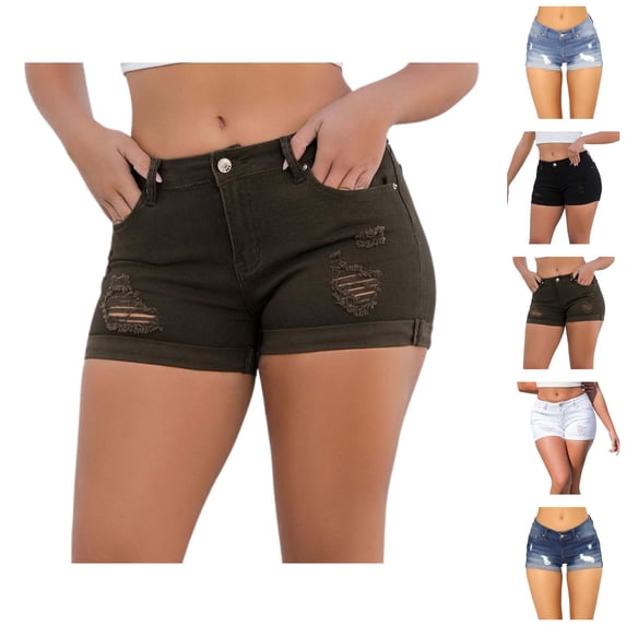 Jean Shorts Womens Summer Casual Mid Rise Roll Up Hem Washed Blue Ripped Distressed Stretchy Denim Shorts with Pockets