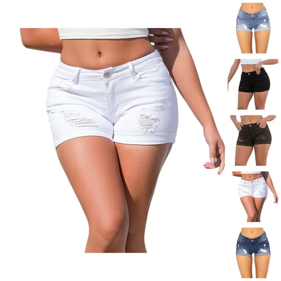 Jean Shorts Womens Summer Casual Mid Rise Roll Up Hem Washed Blue Ripped Distressed Stretchy Denim Shorts with Pockets
