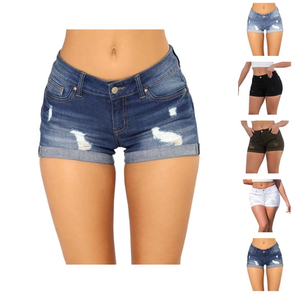 Jean Shorts Womens Summer Casual Mid Rise Roll Up Hem Washed Blue Ripped Distressed Stretchy Denim Shorts with Pockets