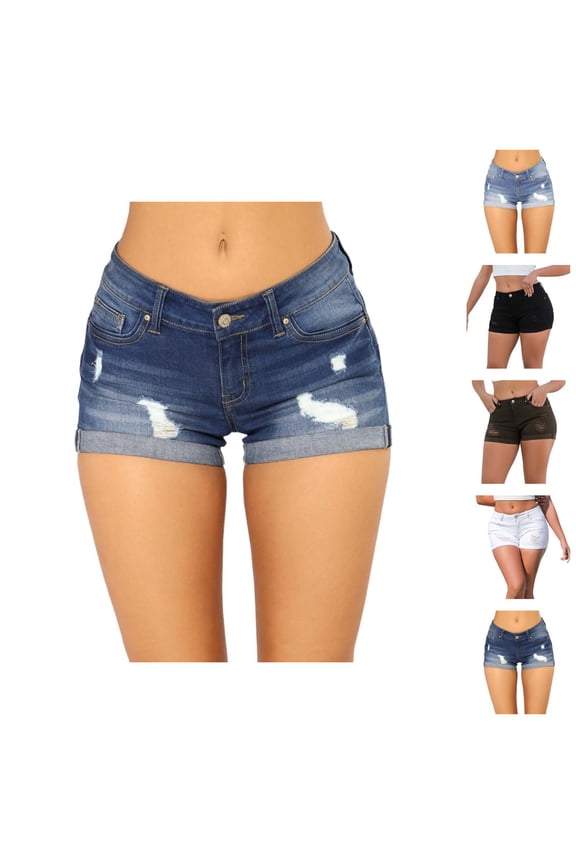Jean Shorts Womens Summer Casual Mid Rise Roll Up Hem Washed Blue Ripped Distressed Stretchy Denim Shorts with Pockets