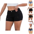 thumbnail image 1 of Jean Shorts Womens Summer Casual Mid Rise Roll Up Hem Washed Blue Ripped Distressed Stretchy Denim Shorts with Pockets, 1 of 4