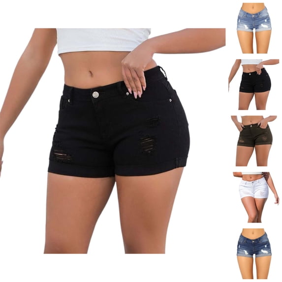 Jean Shorts Womens Summer Casual Mid Rise Roll Up Hem Washed Blue Ripped Distressed Stretchy Denim Shorts with Pockets