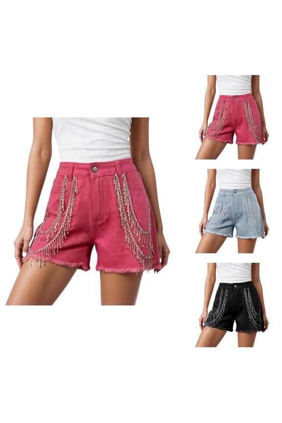 Jean Shorts Womens with Rhinestone Tassel Summer Western Cowgirl Wide Leg Raw Hem Denim Shorts Country Concert Outfit