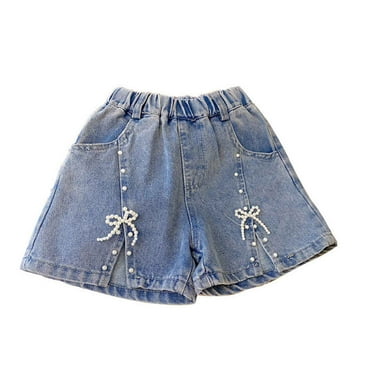 Jean Shorts for Girls Cute Beaded Elastic Waist Slit Denim Shorts Wide Leg Preppy Relaxed Casual Shorty Pants, Light Blue4 Years
